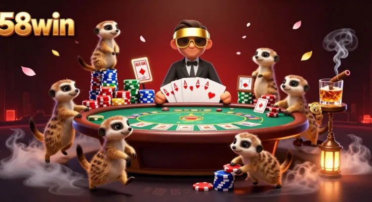 Experience thrilling gaming action at 58win with energetic meerkats in a vibrant casino scene.
