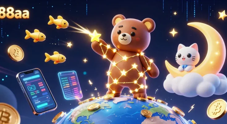 Explore 88aa's vibrant 3D casino experience with dynamic characters and glowing crypto elements.