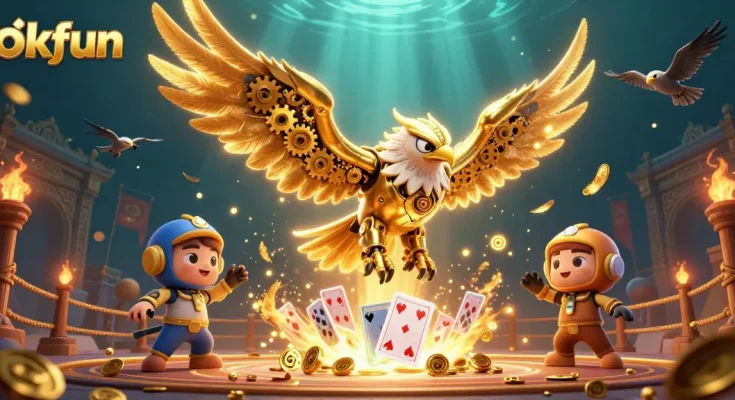 Join the action at okfun with a dynamic illustration of a cybernetic eagle diving through holographic cards.