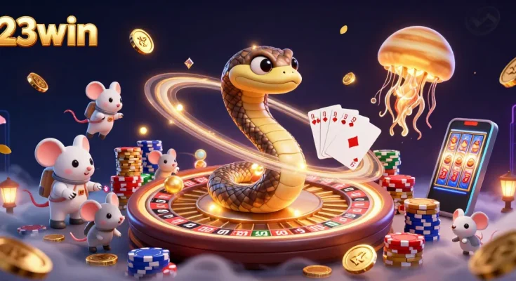 Experience thrilling bets at 23win with an exciting cosmic casino scene, featuring unique characters and dynamic game elements.