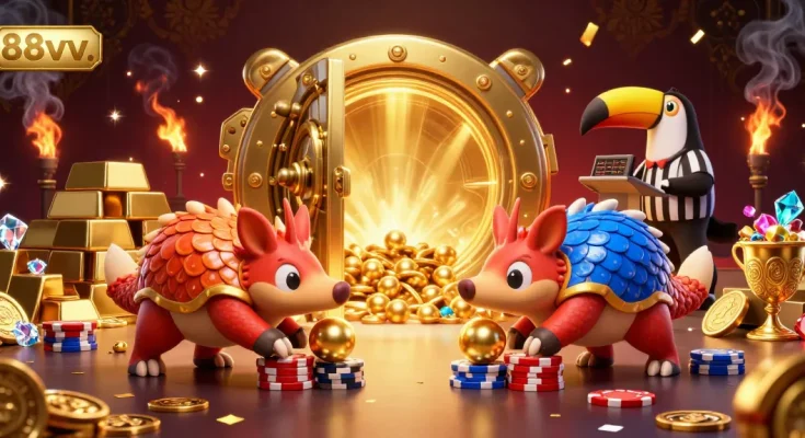 Join the excitement at 88vv as rival pangolins roll golden balls and poker chips in this dynamic casino scene.