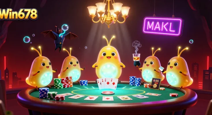 Experience vibrant gameplay at Win678 with glowworms lighting up a casino scene filled with poker action.