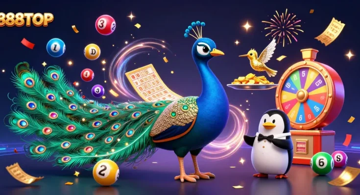 Engage with exciting games at 888TOP, where peacocks and playful characters celebrate vibrant winnings!