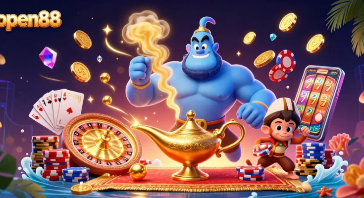 Experience the excitement of open88 with dynamic casino elements in a captivating 3D illustration.