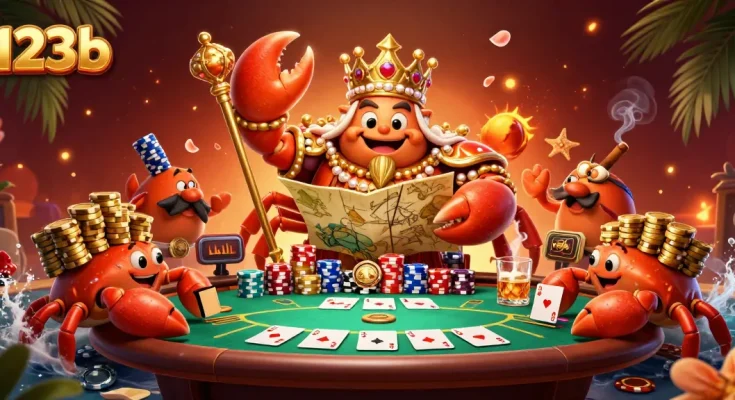 Experience thrilling poker action at 123b with a golden crab emperor leading the game, surrounded by chips.