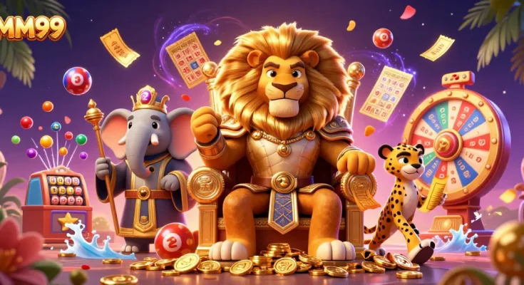 Experience the thrill of MM99 with this captivating casino illustration showcasing vibrant lottery elements and rich 3D details.
