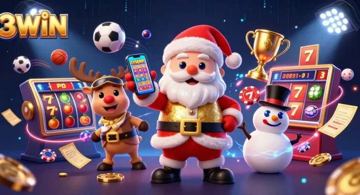 3WIN offers thrilling jackpot slots with festive characters in a lively casino scene.