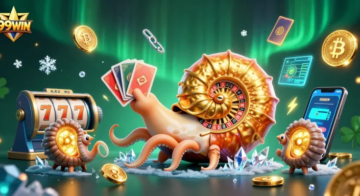 Engage with 99WIN's vibrant 3D casino scene showcasing an ancient nautilus roulette character.